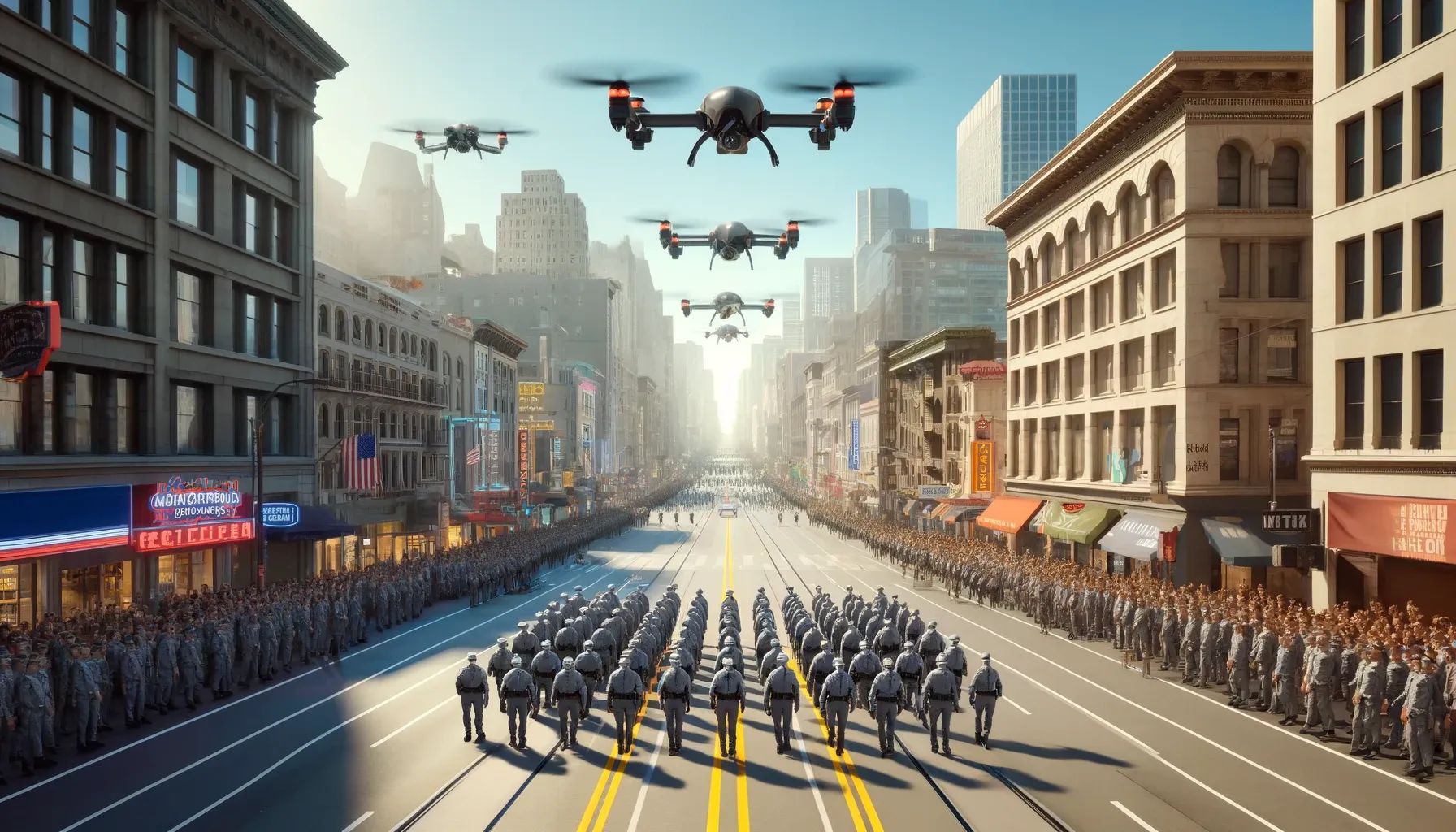 SFPD officers clad in gray march down market street, as drones fly overhead, during the Gray Pride Parade