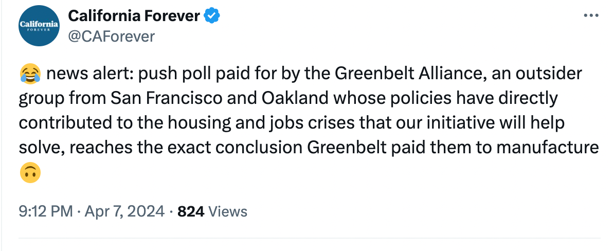 tweet from california forever: news alert: push poll paid for by the Greenbelt Alliance, an outsider group from San Francisco and Oakland whose policies have directly contributed to the housing and jobs crises that our initiative will help solve, reaches the exact conclusion Greenbelt paid them to manufacture