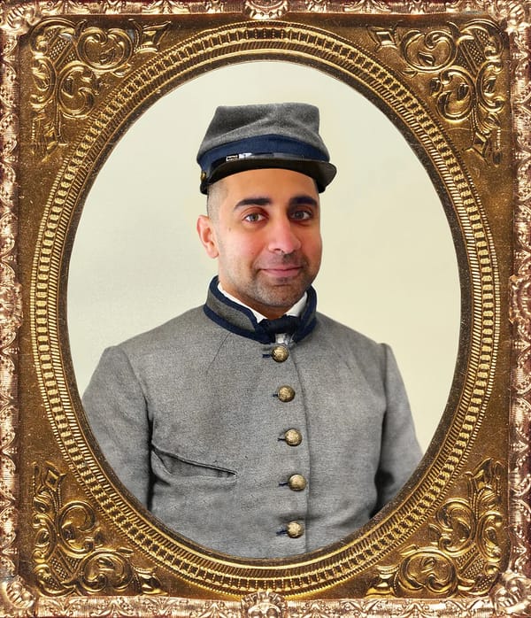 balaji srinivasan pictured in a gray Civil War uniform